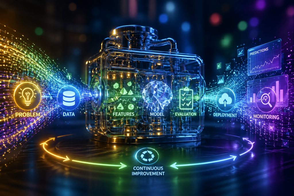 Conceptual diagram of the Machine Learning lifecycle: problem, data, features, model, evaluation, deployment, and monitoring, with continuous improvement loop