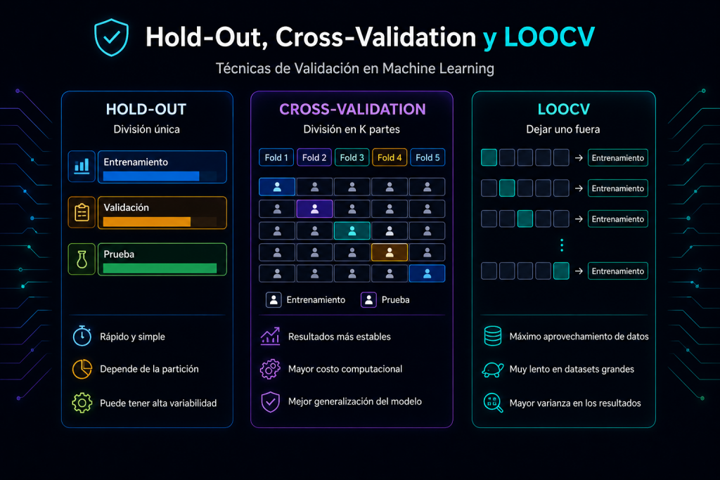 Infographic comparing Hold‑Out, Cross‑Validation, and LOOCV validation techniques in Machine Learning