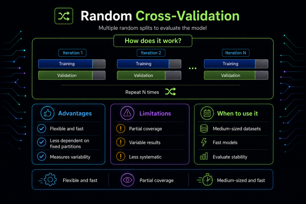 Infographic explaining Randomized Cross‑Validation with advantages, limitations, and comparison to k‑fold and hold‑out