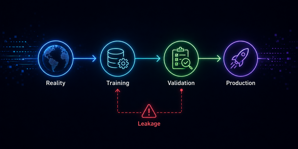 Diagram illustrating how data leakage contaminates the ML training and validation process.