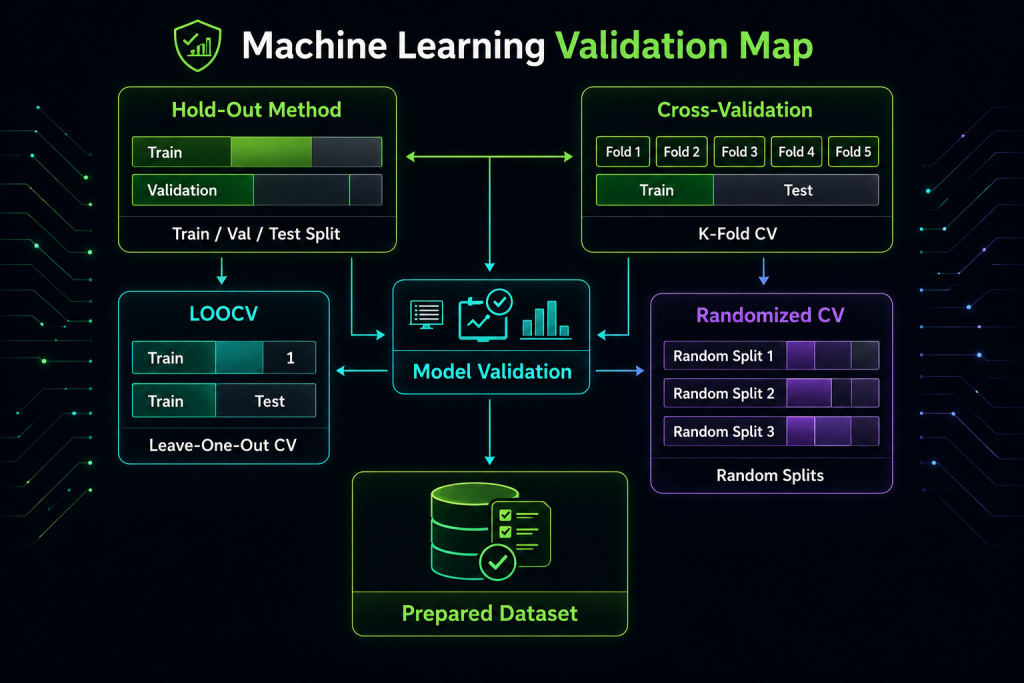Diagram showing data selection and validation techniques in Machine Learning