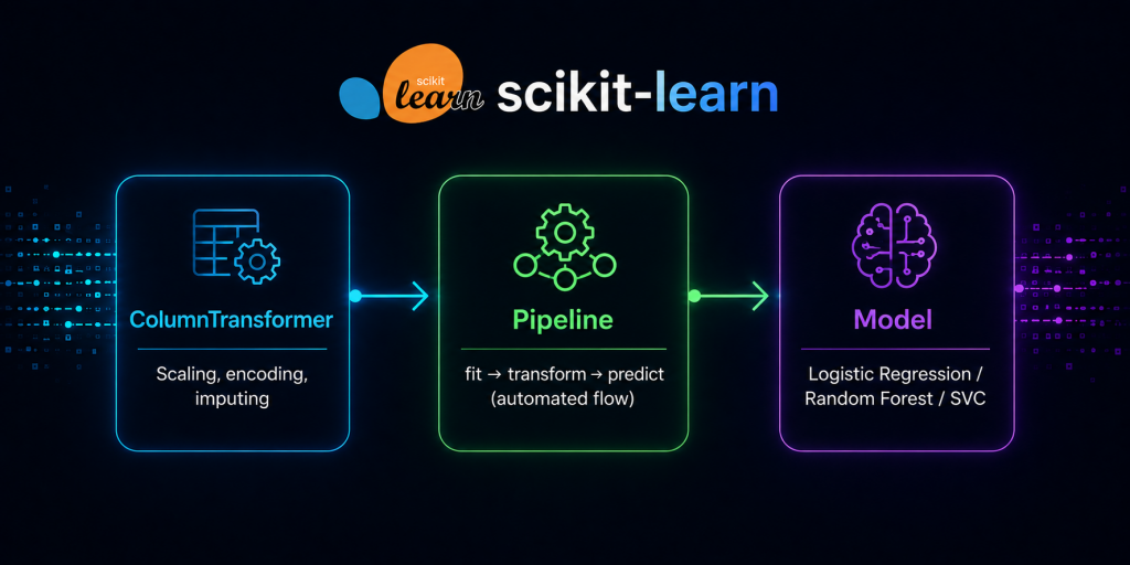 Diagram showing a Scikit‑Learn pipeline with preprocessing and model steps.