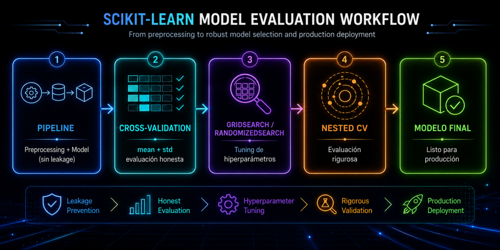 Diagram showing cross‑validation, GridSearch, and nested CV in a Scikit‑Learn pipeline.