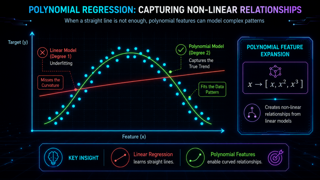 Comparison of linear vs polynomial regression showing how polynomial features capture nonlinear trends.