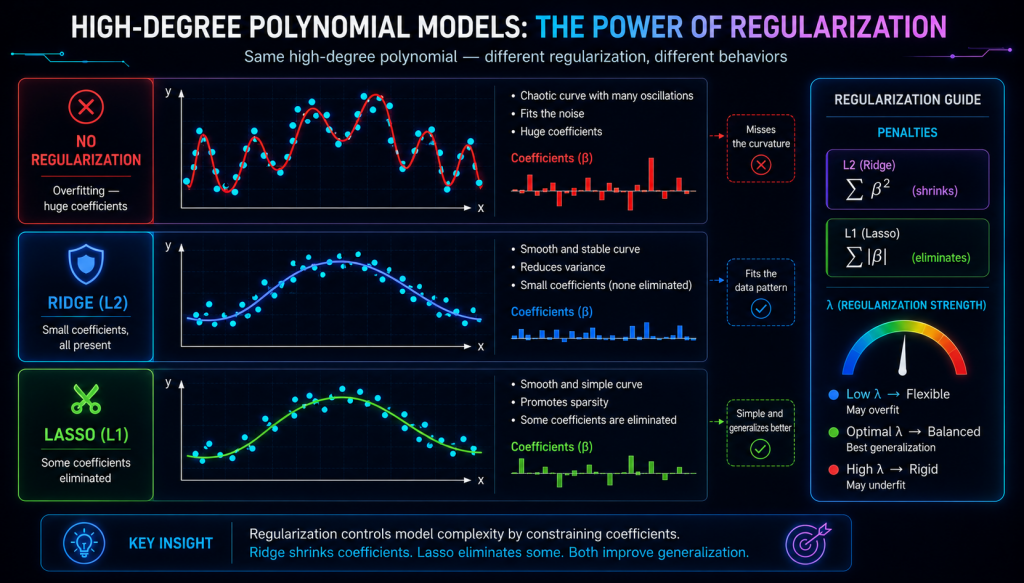 Comparison of unregularized, Ridge, and Lasso regression showing how each method affects curve smoothness and coefficient size