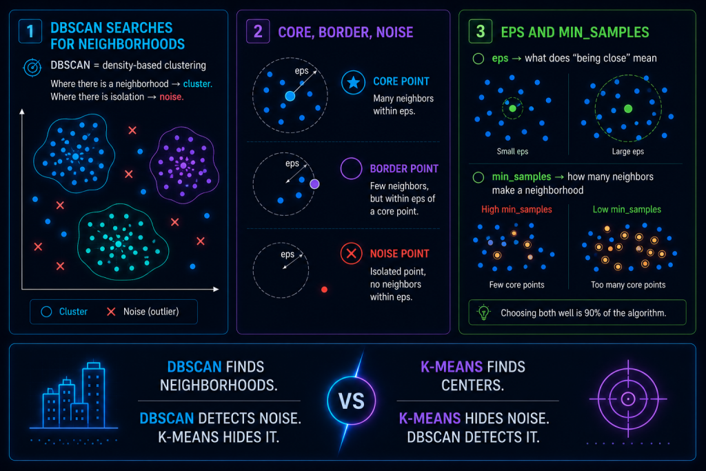 Infographic showing DBSCAN clustering, density neighborhoods, eps, min_samples, and outlier detection