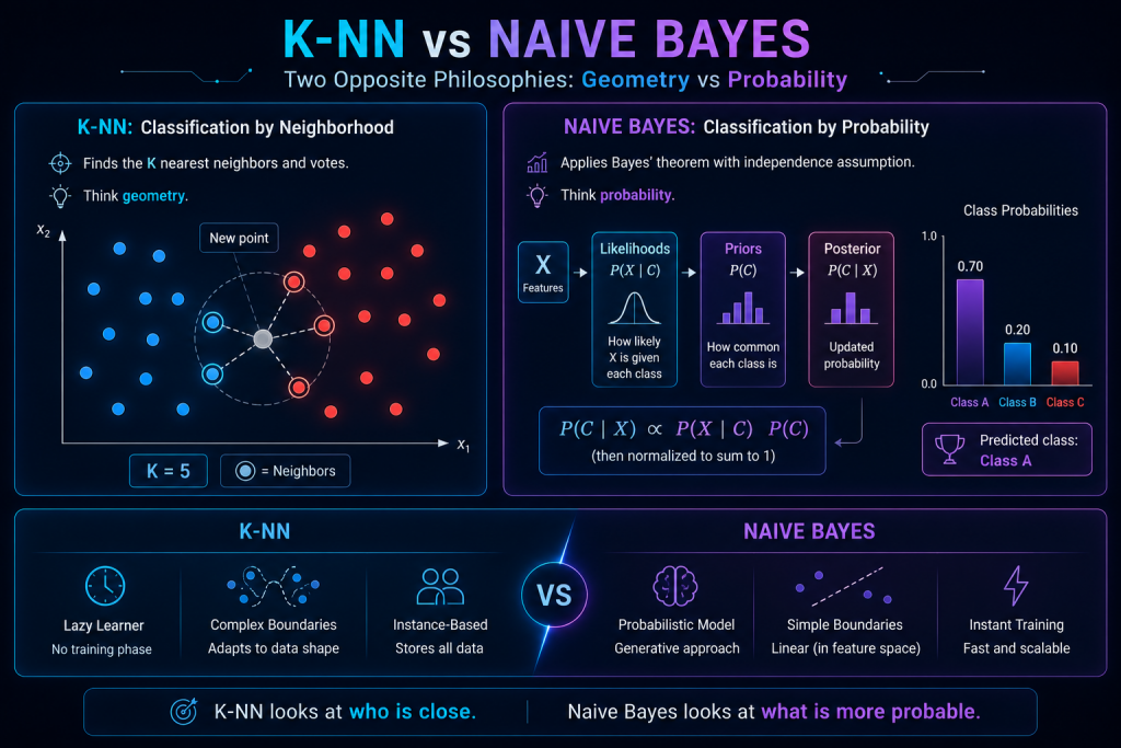 Visual comparison of K‑NN and Naive Bayes showing geometric neighborhood vs probabilistic inference