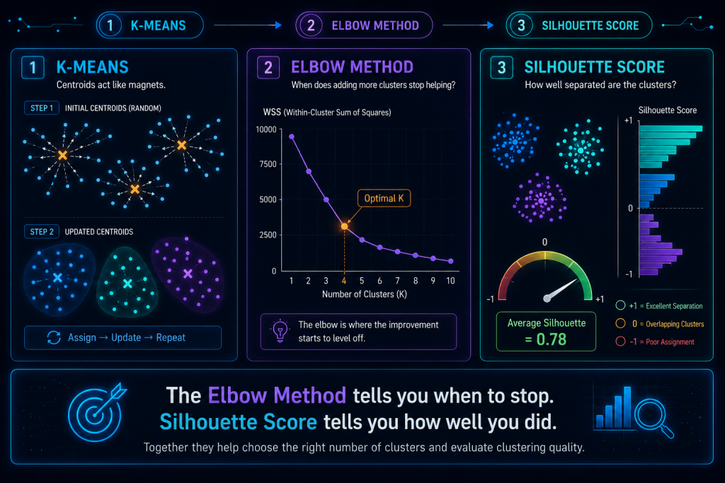 Infographic explaining K‑means clustering, Elbow method and Silhouette score