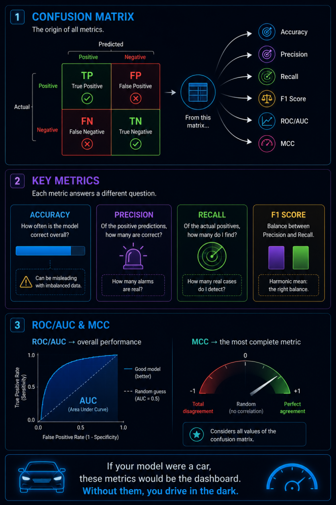 Infographic showing confusion matrix, classification metrics (Accuracy, Precision, Recall, F1), ROC/AUC and MCC