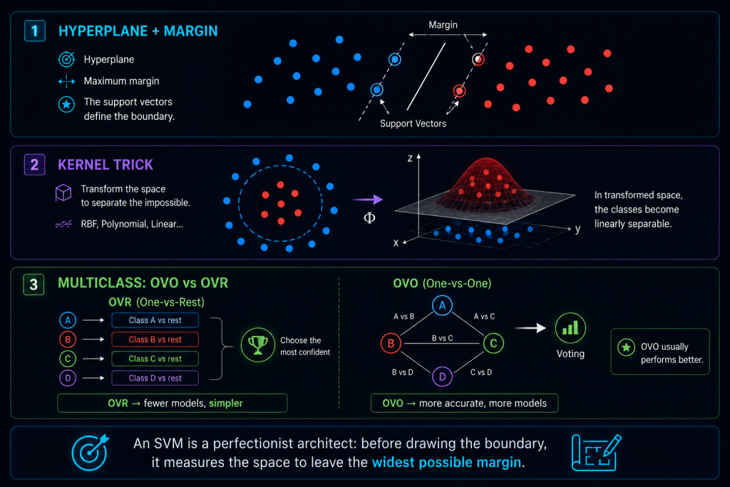 Diagram showing SVM hyperplane, margin, support vectors, kernel transformation, and OVO vs OVR multiclass strategies