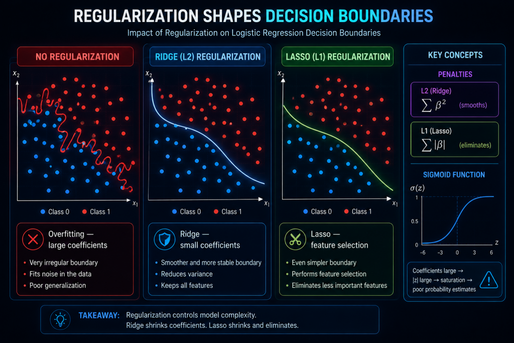 Comparison of logistic regression decision boundaries with no regularization, Ridge, and Lasso