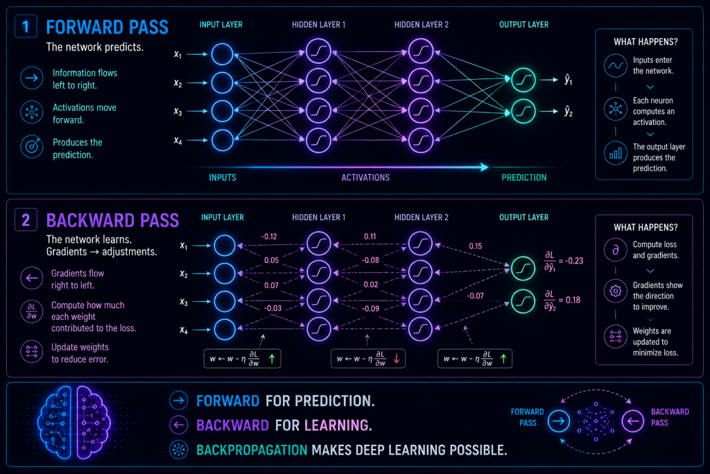 Diagram showing forward and backward passes in a neural network during Backpropagation