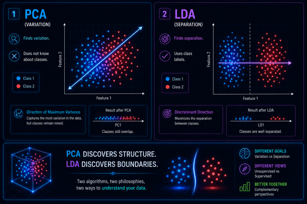 Diagram showing how LDA separates classes and reduces dimensionality.