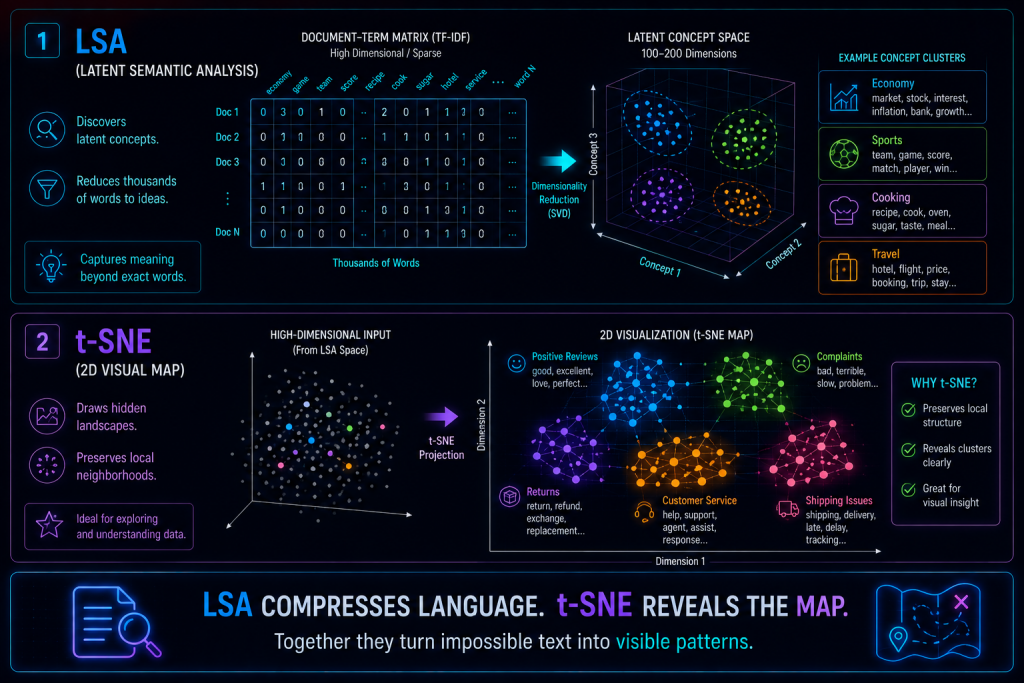 Diagram showing LSA compressing semantic concepts and t‑SNE visualizing them in 2D clusters