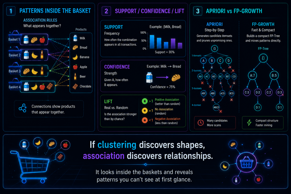 Infographic showing support, confidence, lift and co‑occurrence patterns in association rules.