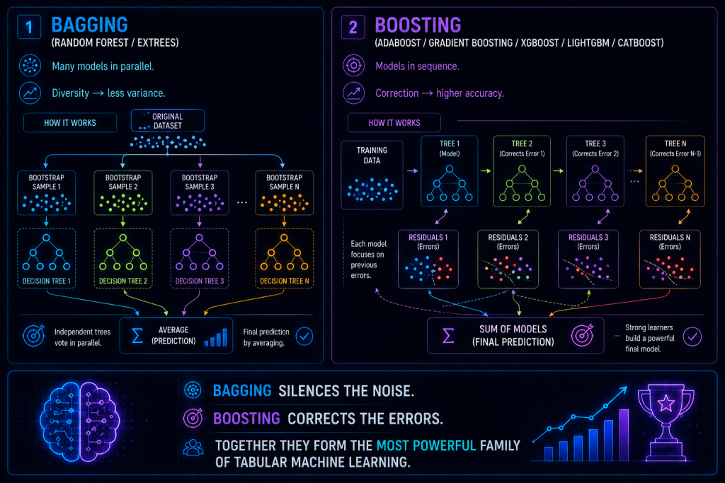 Diagram showing bagging and boosting as two strategies for combining multiple models