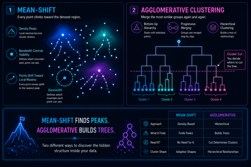 Infographic showing Mean‑Shift density peaks and Agglomerative dendrogram hierarchy