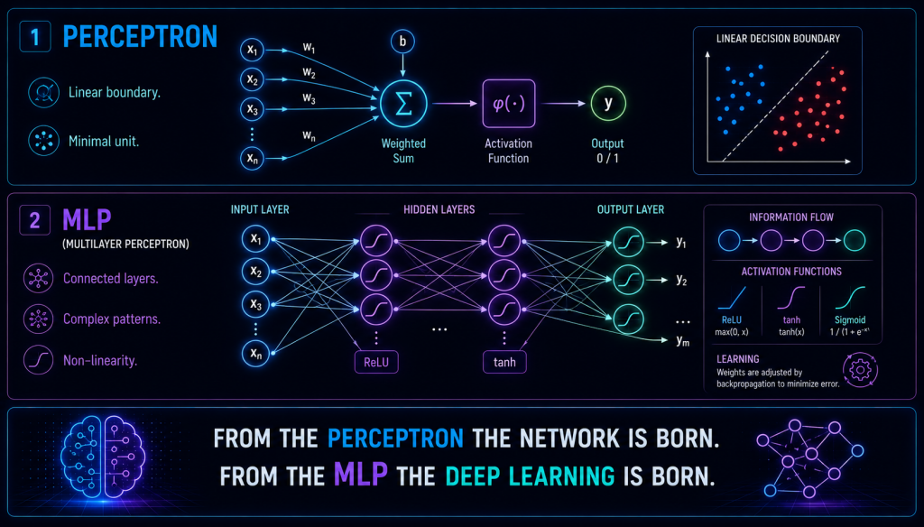 Diagram showing a perceptron and an MLP with input, hidden, and output layers.