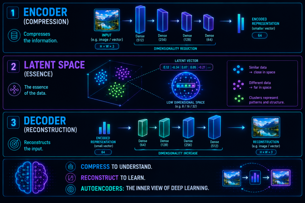 Diagram showing encoder, latent space, and decoder in an Autoencoder
