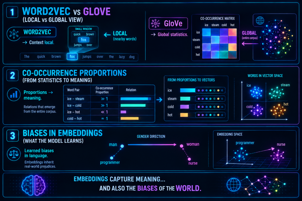 Comparison of GloVe vs Word2Vec and a gender bias axis showing how embeddings inherit real‑world prejudices