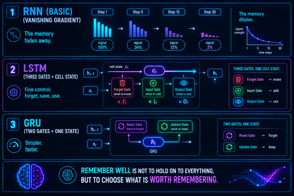 Diagram comparing LSTM and GRU gates and memory flow in sequence processing.