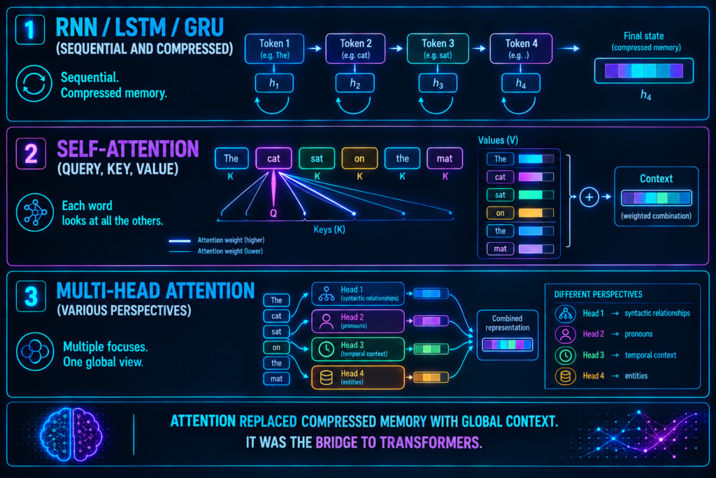 “Diagram showing Query, Key, Value, attention weights, and multi-head attention in a Transformer.”