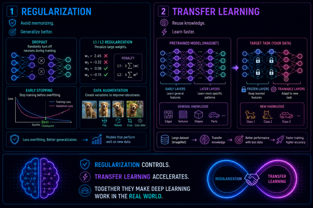 Diagram showing regularization techniques and the flow of Transfer Learning in neural networks.