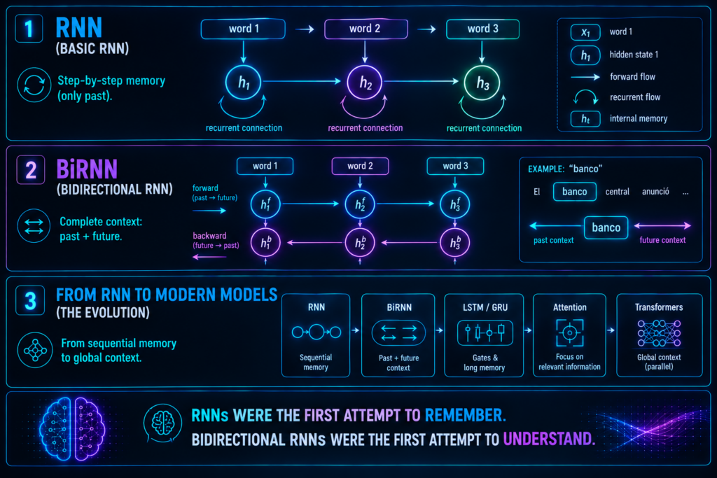 Diagram comparing forward RNNs and bidirectional RNNs with memory flow and context