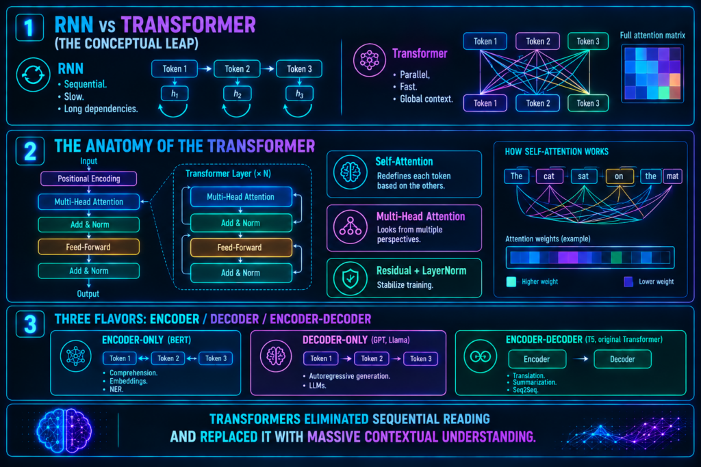Diagram comparing sequential RNN processing vs parallel Transformer attention, with encoder/decoder blocks