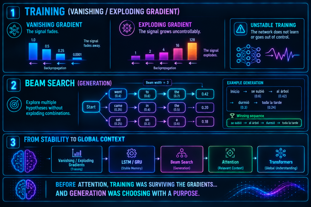 Diagram showing gradient decay/explosion and Beam Search exploring multiple candidate sequences