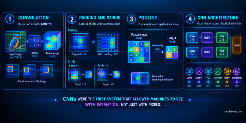 Diagram showing convolution, pooling, and CNN architecture flow in computer vision.