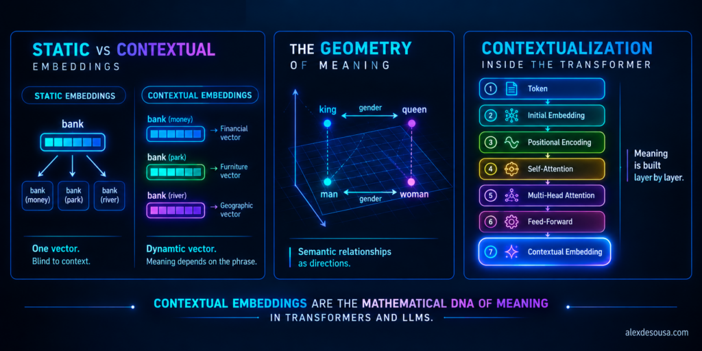 Diagram comparing static embeddings vs contextual embeddings, showing vectors shifting based on sentence context.