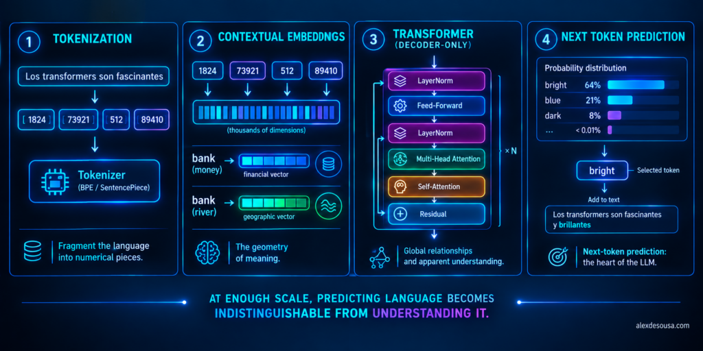 Diagram showing tokenization, embeddings, Transformer layers, and next‑token prediction inside an LLM.
