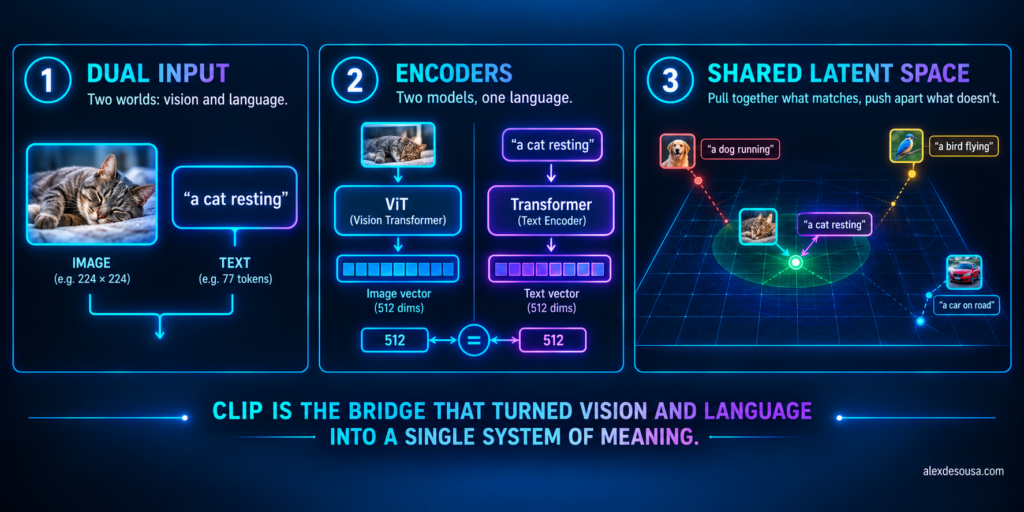 Diagram showing how CLIP maps image and text into the same shared latent space