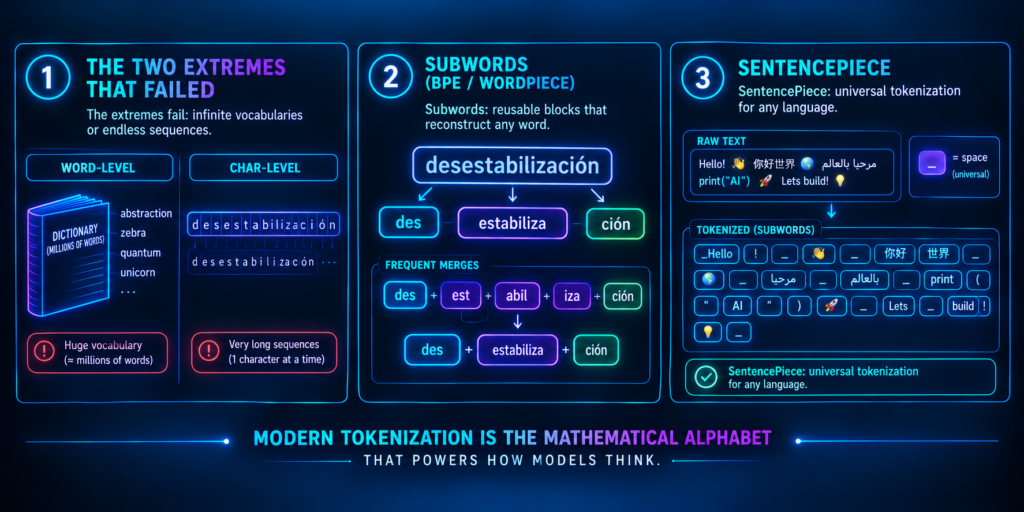 Diagram showing how BPE and SentencePiece split words into subword tokens for LLMs