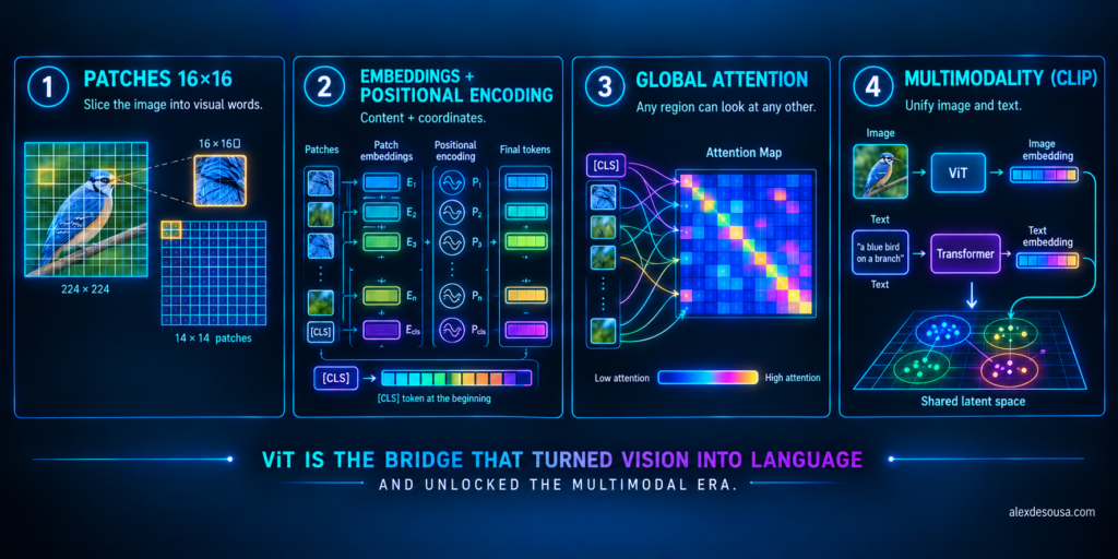 Diagram showing image patches, embeddings, positional encoding, and global attention in a Vision Transformer